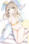  absurdres armlet bikini blonde_hair blue_archive breasts cleavage full_body green_eyes hat highres innertube jewelry long_hair looking_at_viewer navel nonomi_(blue_archive) nonomi_(swimsuit)_(blue_archive) official_alternate_costume seagateee swim_ring swimsuit thighs white_hat yellow_bikini 