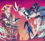  4girls barefoot beltbra black_legwear blue_eyes bodysuit clover clover_(flower) dark_skin dark_skinned_female elphelt_valentine flower four-leaf_clover guilty_gear guilty_gear_xrd halo hat jack-o&#039;_valentine multicolored_hair multiple_girls pale_skin ramlethal_valentine red_eyes red_hair short_hair shorts thigh_strap thighhighs uedakazu valentine_(guilty_gear) white_bodysuit white_hair yellow_eyes 