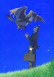  1boy adam's_apple bag batabiru bird black_hair black_jacket field from_side highres holding holding_bag holding_poke_ball jacket larry_(pokemon) long_sleeves looking_up male_focus necktie outdoors pants poke_ball pokemon pokemon_(creature) pokemon_sv short_hair staraptor thick_eyebrows 
