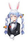  1girl animal_ear_fluff animal_ears blue_hair bow bowtie braid bugs_bunny bunny_ears carrot_hair_ornament flower food_themed_hair_ornament formal gloves hair_ornament highres himuhino hololive jacket long_hair multicolored_hair parody rabbit_girl red_flower red_rose rose simple_background solo suit tuxedo twin_braids two-tone_hair usada_pekora virtual_youtuber white_hair 