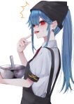  1girl ^^^ alternate_hairstyle alternate_headwear apron bangs black_apron black_headwear blue_hair blush bowl breasts chocolate commentary_request eyebrows_visible_through_hair fall_dommmmmer finger_licking from_side head_scarf highres hinanawi_tenshi holding holding_bowl licking long_hair looking_at_viewer mixing_bowl ponytail profile puffy_short_sleeves puffy_sleeves red_eyes red_neckwear shirt short_sleeves sidelocks simple_background small_breasts solo spoon sweat tongue tongue_out touhou upper_body white_background white_shirt 