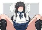  1girl anchor_symbol black_hair black_socks blue_neckerchief blue_skirt blunt_bangs blush border breath commentary_request from_below green_sailor_collar grey_background hatsuyuki_(kancolle) hime_cut implied_sex kantai_collection kneehighs kugui_kiyunemu long_hair long_sleeves looking_at_viewer m_legs miniskirt motion_lines neckerchief open_mouth outdoors pleated_skirt pov red_eyes sailor_collar school_uniform serafuku shirt sidelocks simple_background skirt socks solo speech_bubble spread_legs sweat teeth translation_request upper_teeth_only white_border white_shirt 