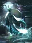  absurdres black_sclera blue_eyes blue_sclera bo_(bouillustration) colored_sclera froslass full_body full_moon highres horns ice looking_at_viewer mega_froslass mega_pokemon moon night night_sky no_humans outdoors pokemon pokemon_(creature) pokemon_focus reflection reflective_water sky solo torii tree water 
