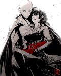  1boy 1girl bad_id bad_pixiv_id bald black_eyes black_hair bodysuit cape closed_mouth fubuki_(one-punch_man) gloves green_eyes hand_on_wound injury interlocked_fingers kuroxmitsu_kinako long_sleeves looking_at_another monochrome one-punch_man red_gloves saitama_(one-punch_man) short_hair simple_background spot_color superhero_costume translation_request white_background 