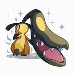  black_fur full_body looking_at_viewer looking_back mawile mistray-art numbered pokemon pokemon_(creature) sharp_teeth signature simple_background solo teeth two-tone_fur white_background yellow_fur 