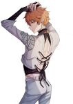 1boy akehoshi_subaru arms_up back_cutout belt black_gloves black_ribbon clothing_cutout commentary cowboy_shot crop_top earrings elbow_gloves ensemble_stars! fingerless_gloves gloves grey_belt hair_between_eyes hands_on_own_head highres jewelry looking_at_viewer looking_back male_focus oobakayarou1_2 orange_hair parted_lips ribbon shirt short_hair simple_background solo white_background white_shirt 