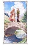  1boy 1girl absurdres apron blue_sky border brown_hair brown_pants cloud cloudy_sky craft_lawrence day green_vest grey_hair highres holding holo long_hair long_sleeves looking_at_another marutenmaruten open_mouth outdoors pants pink_skirt reflection reflective_water scenery shadow shirt short_hair sidelocks sketch skirt sky spice_and_wolf stone_bridge tail vest white_border white_shirt wolf_girl wolf_tail 