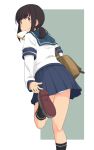  1girl anchor_symbol ass bag black_socks blue_sailor_collar blue_skirt blush bread bread_slice brown_hair commentary_request food food_in_mouth from_behind fubuki_(kancolle) green_eyes kantai_collection kneehighs kneepits kugui_kiyunemu layered_sleeves long_hair long_sleeves looking_at_viewer looking_back mouth_hold panties pleated_skirt sailor_collar school_bag school_uniform serafuku short_over_long_sleeves short_sleeves shoulder_bag skirt socks solo standing standing_on_one_leg toast toast_in_mouth turning_head underwear white_panties 