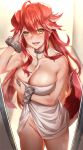  1girl :d animal_ears blush breasts cleavage deras fenrir_(last_origin) groin heart heart-shaped_pupils highres last_origin long_hair looking_at_viewer naked_towel open_mouth red_hair smile solo symbol-shaped_pupils tail teeth towel yellow_eyes 