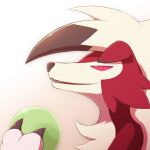  claws commentary_request fangs from_side gen_7_pokemon holding kemonobito lycanroc lycanroc_(midnight) no_humans open_mouth pokemon pokemon_(creature) purple_eyes solo 