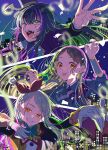  3girls :d :p bow bowtie brown_hair building city claw_pose collared_shirt confetti crescent_moon cropped_jacket dress_shirt facepaint fangs floating_hair gakuen_idolmaster gloves green_eyes green_hair grin hair_bow halloween halloween_costume hashtag-only_commentary hat highres hirayama_kanna idolmaster jacket juliet_sleeves kuramoto_china long_sleeves moon multicolored_hair multiple_girls night open_clothes open_jacket open_mouth orange_eyes outstretched_arm puffy_sleeves purple_hair shinosawa_hiro shirt smile star_(symbol) stitched_arm stitched_neck stitches streaked_hair teeth tongue tongue_out top_hat tsukimura_temari upper_teeth_only vampire_costume winged_hat 