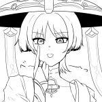  1boy :p akanbe armor blunt_ends bodysuit bridal_gauntlets covered_collarbone eyelid_pull finger_to_eye genshin_impact greyscale hand_up hat highres index_finger_raised japanese_armor japanese_clothes jingasa kimono kote looking_at_viewer male_focus mandarin_collar middle_ring monochrome parted_bangs pon_oi4 portrait scaramouche_(genshin_impact) shoulder_peek solo straight-on tongue tongue_out tsurime wanderer_(genshin_impact) white_background wispy_bangs 