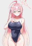  1girl absurdres ahoge ass_visible_through_thighs black_one-piece_swimsuit blue_archive bow braid breasts competition_school_swimsuit covered_navel green_eyes hair_between_eyes hair_bow halo hanako_(blue_archive) highleg highleg_one-piece_swimsuit highres huge_breasts long_hair looking_at_viewer minaduki0707 one-piece_swimsuit pink_hair pink_halo school_swimsuit smile solo swimsuit trinity_general_school_swimsuit very_long_hair white_bow 