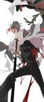  12daze 1boy 1girl absurdres amputee black_pants black_shirt blood bone collared_shirt double_amputee faceless faceless_female floating_clothes floating_hair geisha hair_ornament hairpin highres hiruhiko_(kagurabachi) japanese_clothes kagurabachi kanzashi kimono kumeyuri_(sword) male_focus mark_under_eye multiple_hairpins nihongami pants paper pink_hair red_eyes sheath shirt solo_focus standing tassel tassel_hair_ornament teeth tsuba_(guard) unsheathing weapon_in_mouth white_background 