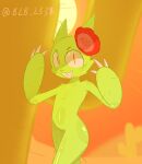 &gt;:3 ambiguous_gender big_eyes blb_233 blurred_background cactus cactus_creature claws desert domestic_cat elemental_creature featureless_crotch felid feline felis flat_chested flora_fauna flower glossy_body green_body hi_res mammal mostly_nude nude plant red_eyes sharp_teeth smile solo sunset teeth