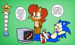anthro archie_comics belly blue_body blue_boots blue_clothing blue_footwear blue_fur boots brown_body brown_fur chili_dog chipmunk clothing dialogue duo electronics english_text eulipotyphlan female floofyboyetime food footwear fur ground_squirrel growth_drive hair hedgehog hi_res hot_dog hot_sauce hybrid male male/female mammal monitor quills_(anatomy) red_clothing red_footwear red_hair red_shoes rodent sally_acorn sciurid sega shoes sonic_the_hedgehog sonic_the_hedgehog_(archie) sonic_the_hedgehog_(comics) sonic_the_hedgehog_(series) speech_bubble tan_arms tan_belly text tree_squirrel weight_gain_drive