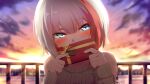  1girl admiral_graf_spee_(azur_lane) admiral_graf_spee_(daily_peaceful_life)_(azur_lane) aqua_eyes aran_sweater azur_lane bangs blurry blush box cloud cloudy_sky commentary_request covering_mouth depth_of_field detached_sleeves embarrassed eyebrows_visible_through_hair eyes_visible_through_hair german_text gift gift_box highres holding holding_gift looking_at_viewer multicolored_hair official_alternate_costume pointing red_hair shade shimofuji_jun short_hair sidelocks sky solo sweater translation_request twilight two-tone_hair valentine white_hair 