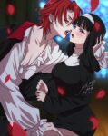  2girls artist_name black_hair blush breasts church ear_piercing falling_petals halloween hand_on_another&#039;s_head hand_on_another&#039;s_thigh multiple_girls nun original petals piercing red_hair reverse_trap short_hair stained_glass sweatdrop twitter_username vampire_costume yanqi_momota yuri 