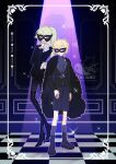  1boy 1girl absurdres black_boots black_jacket black_pants black_shorts blonde_hair blue_eyes boots checkered_floor closed_mouth commentary_request eye_mask facebook_username frilled_shirt frills full_body genderswap genderswap_(ftm) genderswap_(mtf) glint hair_between_eyes high_heels highres jacket mask pants pierre_tempete_de_neige ponytail purple_eyes sash shirt short_hair shorts sparkle spotlight sugar_sugar_rune vanilla_mieux yuzikoz_mega 