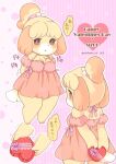  &lt;3 animal_crossing anthro blush canid canine canis clothed clothing domestic_dog female fur hair holidays isabelle_(animal_crossing) japanese_text looking_at_viewer mammal nintendo open_mouth pawpads pink_background shih_tzu simple_background solo text toy_dog translation_request valentine&#039;s_day video_games yellow_body yellow_fur yokikana_yk 
