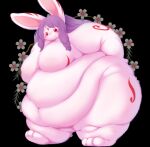  anthro belly big_belly black_background blush breasts featureless_breasts female flower fur hair hi_res lagomorph leporid long_hair mammal nude obese obese_anthro obese_female overweight overweight_anthro overweight_female plant purple_hair rabbit radiowave red_eyes simple_background solo tongue tongue_out white_body white_fur 