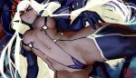  1girl alternate_color ass_visible_through_thighs black_kiryuuin_satsuki blue_sclera boots breasts colored_sclera dark_persona dark_skin dark_skinned_female elbow_gloves from_below gloves hairband junketsu kill_la_kill kiryuuin_satsuki large_breasts long_hair looking_at_viewer nose platinum_blonde_hair revealing_clothes skin_tight solo spiked_hairband spikes spoilers thick_eyebrows thick_thighs thigh_boots thighhighs thighs ujac very_long_hair 