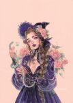  1girl aerith_gainsborough animal braid braided_ponytail breasts brown_hair cleavage dolleetoile dress final_fantasy final_fantasy_vii flower hair_over_shoulder hat hat_flower highres holding holding_animal holding_snake long_hair materia medium_breasts parted_bangs parted_lips pink_background pink_flower pink_rose purple_dress purple_hat purple_lips rose sidelocks simple_background single_braid snake snake_wrapped_around_arm solo twitter_username upper_body witch witch_hat 
