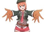  1girl absurdres ao_no_kiseki artist_request belt_pouch beret bob_cut cropped_jacket double-parted_bangs eiyuu_densetsu english_commentary gloves green_hat hair_between_eyes hat highres incoming_hug long_sleeves noel_seeker open_mouth orange_gloves orange_hair outstretched_arms pouch pov purple_eyes short_hair shorts simple_background smile solo upper_body vest waistcoat white_background zero_no_kiseki 