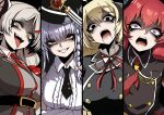  4girls ahoge akari_(blue_archive) blonde_hair blue_archive braid crazy_smile demon_horns disgust ebiblue_(style) evil_grin evil_smile gesugao glaring gourmet_research_society_(blue_archive) grey_hair grin hair_on_horn halo haruna_(blue_archive) hat highres horns izumi_(blue_archive) j.k._(style) junko_(blue_archive) long_hair multiple_girls nagainegi rape_face red_eyes red_hair shaded_face smile sneer twintails 