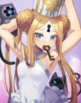  1girl abigail_williams_(fate) abigail_williams_(swimsuit_foreigner)_(fate) armpits arms_behind_head arms_up bangs bare_shoulders black_cat blonde_hair blue_eyes braid braided_bun breasts cat chocolate double_bun dress_swimsuit fate/grand_order fate_(series) forehead highres key keyhole long_hair mitre mouth_hold parted_bangs ryofuhiko sidelocks small_breasts swimsuit twintails very_long_hair white_headwear white_swimsuit 