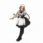  1girl apron black_dress black_pantyhose black_shoes braid braided_twintails chocolat_meilleure commentary_request cup dress earrings full_body green_eyes heart_pendant highres ina2021 jewelry juliet_sleeves korean_commentary long_sleeves orange_hair pantyhose puffy_sleeves shoes smile solo sugar_sugar_rune white_apron 