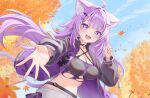  1girl animal_ears autumn_leaves black_tube_top breasts cat_ears cat_girl cat_tail grey_skirt hair_ornament hairpin hololive large_breasts leaf long_hair nekomata_okayu nekomata_okayu_(personya_respect) official_alternate_costume official_alternate_hairstyle open_mouth outstretched_arm purple_eyes purple_hair skirt smile solo strapless tail torakichi_888 tube_top virtual_youtuber 