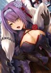 1girl azur_lane black_gloves blush breasts china_dress chinese_clothes cleavage crossed_legs dress eyebrows_visible_through_hair feather_boa flower folded_ponytail gloucester_(azur_lane) gloucester_(brilliance_in_purple)_(azur_lane) gloves hair_flower hair_ornament hairband high_heels holding holding_paper kanzaki_kureha large_breasts lips long_sleeves looking_at_viewer looking_up official_art open_mouth pantyhose paper pelvic_curtain red_flower red_rose rose shrug_(clothing) side_slit smile solo standing thighband_pantyhose watson_cross window yellow_eyes 