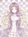  1boy akutagawa_ryuunosuke_(bungou_stray_dogs) annoyed ascot black_background black_coat black_eyes black_hair bungou_stray_dogs buttons checkered_background closed_mouth coat collared_coat commentary_request cowboy_shot dot_nose dress_shirt eyelashes floral_background flower forehead frilled_shirt frills frown furrowed_brow high_collar highres jitome lapels lily_(flower) long_sleeves male_focus messy_hair mo_(shiozyake-jp) notched_lapels open_clothes open_coat outline petals shirt short_hair sidelocks solo standing straight-on traditional_media two-tone_background white_ascot white_background white_flower white_outline white_shirt 