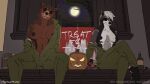 alcohol anthro aquila_chrysaetos aviator_glasses aviators bear beer beverage big_breasts breasts brown_bear candy clothing dark_nipples dessert duo exposed_breasts eyewear female female/female flashing flashing_breasts food glasses grizzly_bear halloween hi_res holidays jack-o'-lantern jennifer_(aquila_chrysaetos) jumpsuit looking_at_viewer mammal muscular muscular_female night procyonid raccoon smile teeth thick_thighs undressing unzipped_jumpsuit ursine verena_(wanderlusthawk)