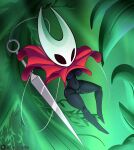 2025 2_horns absurd_res anthro arthropod black_body black_eyes blue_nipples breasts c_m_g_nsfw cape cape_only clitoris cloak clothing digital_drawing_(artwork) digital_media_(artwork) empty_eyes exposed_breasts female genitals green_background hi_res hollow_knight:_silksong hollow_knight_(franchise) horn hornet_(hollow_knight) insect mostly_nude navel nipples pose red_clothing simple_background solo team_cherry thick_thighs vulva weapon