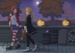  2girls absurdres aisha_greyrat basket black_coat black_gloves black_pantyhose blonde_hair blue_jacket blue_skirt bug coat commentary commission cosplay cosplay_request demon_tail english_commentary from_side gloves green_eyes hairband halloween halloween_costume hand_up highres holding holding_basket jack-o&#039;-lantern jacket lessar lessar_(cosplay) long_hair long_sleeves mechanical_tail miniskirt moon multicolored_jacket multiple_girls mushoku_tensei norn_greyrat open_clothes open_jacket pantyhose pink_hairband red_hair red_jacket shirt siblings silk sisters skirt smile spider spider_web striped_clothes striped_thighhighs tail thighhighs tialimko toaru_majutsu_no_index tree walking white_jacket white_shirt 