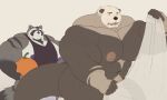 5_fingers abs anthro areola arm_markings barazoku barbell_piercing bed_sheet bedding biceps big_muscles big_pecs big_penis biped black_body black_clothing black_fur black_nose black_shirt black_tank_top black_topwear bodily_fluids brown_body brown_ears brown_eyebrows brown_fur clothed clothed_anthro clothed_male clothing countershade_face countershade_fur countershade_torso countershading deltoids digital_drawing_(artwork) digital_media_(artwork) duo eliott_(theor) eyebrows fingerless_(marking) fingerless_gloves_(marking) fingers flaccid flat_colors fur genitals gloves_(marking) grabbing_sheets grey_body grey_fur grey_inner_ear head_tuft hi_res holding_pumpkin huge_muscles huge_penis humanoid_hands hyper hyper_muscles looking_at_another male male_anthro mammal manly markings monotone_background multicolored_body multicolored_fur muscular muscular_anthro muscular_arms muscular_male mustelid navel nipple_barbell nipple_piercing nipples nude nude_anthro nude_male open_mouth otter pecs penis penis_base piercing pink_areola pink_nipples procyonid pubes purple_areola purple_eyes purple_nipples purple_nose raccoon ring_(marking) ringed_tail sea_otter shirt shoulder_markings simple_background simple_eyes standing striped_markings striped_tail stripes sweat sweatdrop tail tail_markings tank_top teeth theor thick_tail three-quarter_view topwear trapezius triceps tuft whiskers white_body white_countershading white_fur