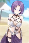  1girl arm_under_breasts armor bangs beach bikini bikini_armor blue_eyes blue_sky blurry blurry_background blush braid breasts cleavage closed_mouth cloud collarbone commentary_request covering covering_crotch day depth_of_field eyebrows_visible_through_hair gauntlets halter_top halterneck hand_on_own_arm highres jitome jun_(princess_connect!) looking_at_viewer medium_breasts outdoors parted_bangs princess_connect! princess_connect!_re:dive purple_hair sand sarong shengtian short_hair sky solo swimsuit umbrella water white_bikini 
