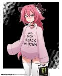  1boy artist_name astolfo_(fate) bag black_bow black_choker blush border bow choker clothes_writing collared_shirt commentary dankodeadzone disconnected_mouth english_commentary english_text eyebrows_visible_through_hair fate_(series) hair_between_eyes hair_bow hair_intakes hair_ribbon highres holding holding_bag layered_clothing long_hair long_sleeves looking_at_viewer male_focus meme_attire monster_energy multicolored_hair naughty_face otoko_no_ko outline outside_border patreon_logo patreon_username pink_eyes pink_hair pink_shirt product_placement ribbon shirt shopping_bag sleeves_past_fingers sleeves_past_wrists smile solo standing streaked_hair thighhighs tongue tongue_out underwear very_long_hair watermark web_address white_border white_legwear white_shirt 