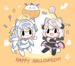  2girls absurdres angel angel_wings animal_ears bandaid bandaid_hair_ornament black_eyes black_gloves black_shirt blonde_hair blue_hair candy candy_corn chibi closed_mouth demon_horns demon_wings dog_ears dog_girl food fuwawa_abyssgard gloves hair_ornament hairpin halo highres hololive hololive_english horns lollipop long_hair looking_at_viewer medium_hair mococo_abyssgard multicolored_hair multiple_girls official_alternate_costume open_mouth perroccino_(fuwamoco) pink_hair shirt shoes siblings sisters smile snowmya streaked_hair twins two_side_up virtual_youtuber white_gloves white_shoes wings x_hair_ornament 