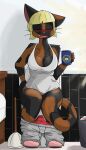  absurd_res anthro bathroom big_breasts black_body black_fur blonde_hair blush bottomwear bottomwear_down breasts brown_body brown_fur bureau_of_alcohol_tobacco_and_firearms butt clothed clothing coffee_mug digital_media_(artwork) domestic_cat facial_scar felid feline felis female fur hair hi_res mammal mavis_(notmypornaccount) mottled notmypornaccount open_mouth panties pants pants_down partially_clothed piebald plunger scar shirt sitting solo steam sweatpants tail tank_top text thick_thighs toilet toilet_paper toilet_use topwear tortoiseshell_cat trash_can tuft underwear yawn 