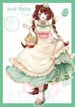  1girl :3 :d absurdres alternate_costume animal_ears ankle_strap basket blush border bow bowler_hat bowtie braid breasts brown_hair brown_tail buttons character_name commentary_request corset dog_ears dog_girl dog_tail double-breasted dress easter easter_egg egg english_commentary fangs flower footwear_bow frilled_dress frills full_body green_border green_bow green_bowtie green_dress green_nails green_shoes green_wings grid_background hair_flower hair_ornament hand_up hat hat_bow hat_ornament hat_ribbon heterochromia highres holding holding_basket inui_toko layered_dress lips long_dress long_hair long_sleeves looking_at_viewer medium_breasts mini_hat mini_wings mixed-language_commentary nail_polish nijisanji open_mouth outside_border pink_bow pink_corset pink_flower rabbit_hat_ornament red_eyes ribbon see-through_clothes see-through_sleeves shoes skirt_hold smile solo standing swept_bangs tail twin_braids very_long_hair virtual_youtuber watermark watermark_grid white_background wings yellow_dress yellow_eyes yellow_hat yuzuca_(trickster4594) 