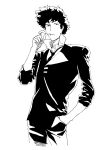  1boy cigarette cowboy_bebop greyscale highres ikezawa_shin looking_at_viewer male_focus monochrome necktie simple_background solo spike_spiegel white_background 