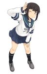  1girl alternate_eye_color anchor_symbol arm_support black_socks blue_eyes blue_neckerchief blue_sailor_collar blue_skirt blush brown_hair commentary_request fubuki_(kancolle) full_body grey_shirt hair_tie kantai_collection kneehighs kugui_kiyunemu layered_sleeves leaning_forward long_hair long_sleeves looking_at_viewer low_ponytail neckerchief one_eye_closed pleated_skirt ponytail sailor_collar salute shirt short_over_long_sleeves short_sleeves sidelocks simple_background skirt smile socks solo white_background white_shirt 