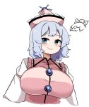  1girl blue_eyes blue_hair blush breasts buttons closed_mouth commentary_request hat highres impossible_clothes impossible_shirt large_breasts looking_at_viewer merlin_prismriver pink_hat pink_vest rinyamame shirt short_hair simple_background smile solo touhou upper_body vest white_background white_shirt 