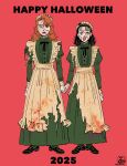  2girls :d artist_name black_hair blood blood_from_mouth cosplay dated english_text frankenstein&#039;s_monster frankenstein&#039;s_monster_(cosplay) fujichika_(icco_8) halloween halloween_costume highres holding_hands long_skirt maid maid_headdress multiple_girls red_background red_hair skirt smile stitched_face stitches sukeban_to_tenkousei 