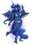 2016 anthro back_wings bikini blue_body blue_fur blue_hair breasts cleavage clothed clothing equid equine feathered_wings feathers female fetlocks friendship_is_magic fur hair hasbro hi_res hoof_hands hooves horn king-kakapo knock-kneed long_hair mammal my_little_pony mythological_creature mythological_equine mythology navel on_one_leg open_mouth open_smile princess_luna_(mlp) simple_background smile solo sparkles sparkling_hair standing swimwear thick_thighs two-piece_swimsuit unguligrade white_background wide_hips winged_unicorn wings