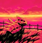  fence grass highres lairon no_humans outdoors pink_sky pokemon pokemon_(creature) prof-peach sky solo sunset wooden_fence 