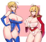  :q absurdres ahoge areola_slip areolae artoria_pendragon_(all) artoria_pendragon_(lancer)_(fate) bare_shoulders blonde_hair blue_gloves blue_legwear blush breasts cleavage covered_navel covered_nipples elbow_gloves epaulettes fate/extra fate/grand_order fate_(series) funaya_(a2brasd) gloves green_eyes hair_ornament hand_on_hip highres large_breasts leotard looking_at_viewer nero_claudius_(fate) nero_claudius_(fate)_(all) nipple_slip nipples puffy_sleeves thighhighs tongue tongue_out 